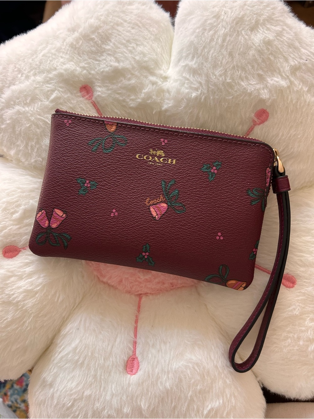 Coach Burgundy Floral Zip Wristlet